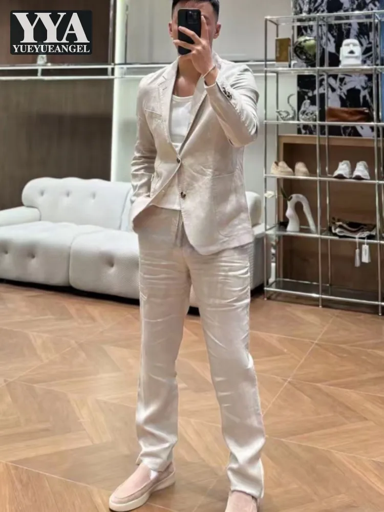 Men Summer Suit Set Turndown Collar Single Breasted Suit Blazer Jacket Long Pants Matching Sets Business Work Casual Outfits Set