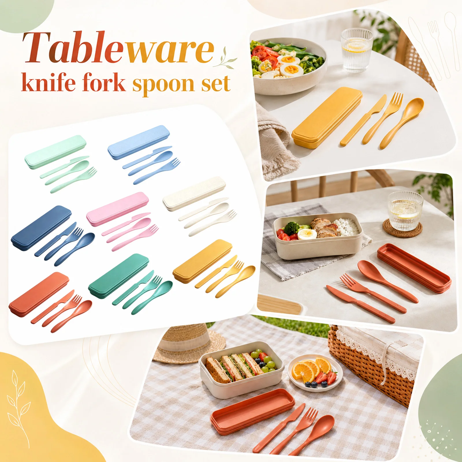 Wheat Straw Dinnerware Set with Knife, Fork, and Spoon Portable Travel Utensil Set Kitchen Tableware for Outdoor Camping