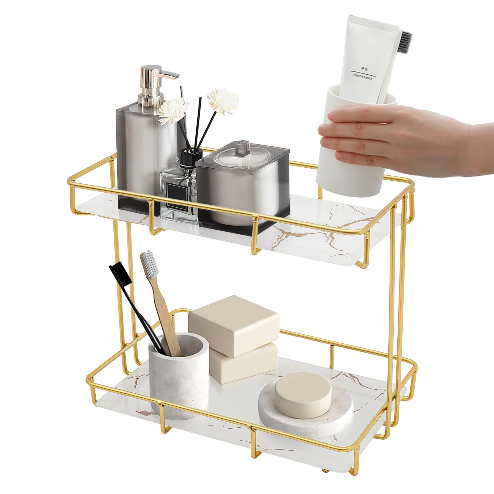 White, Gold Iron, Glass Bathroom Organizer, Countertop Perfume Organizer, Makeup Organizer