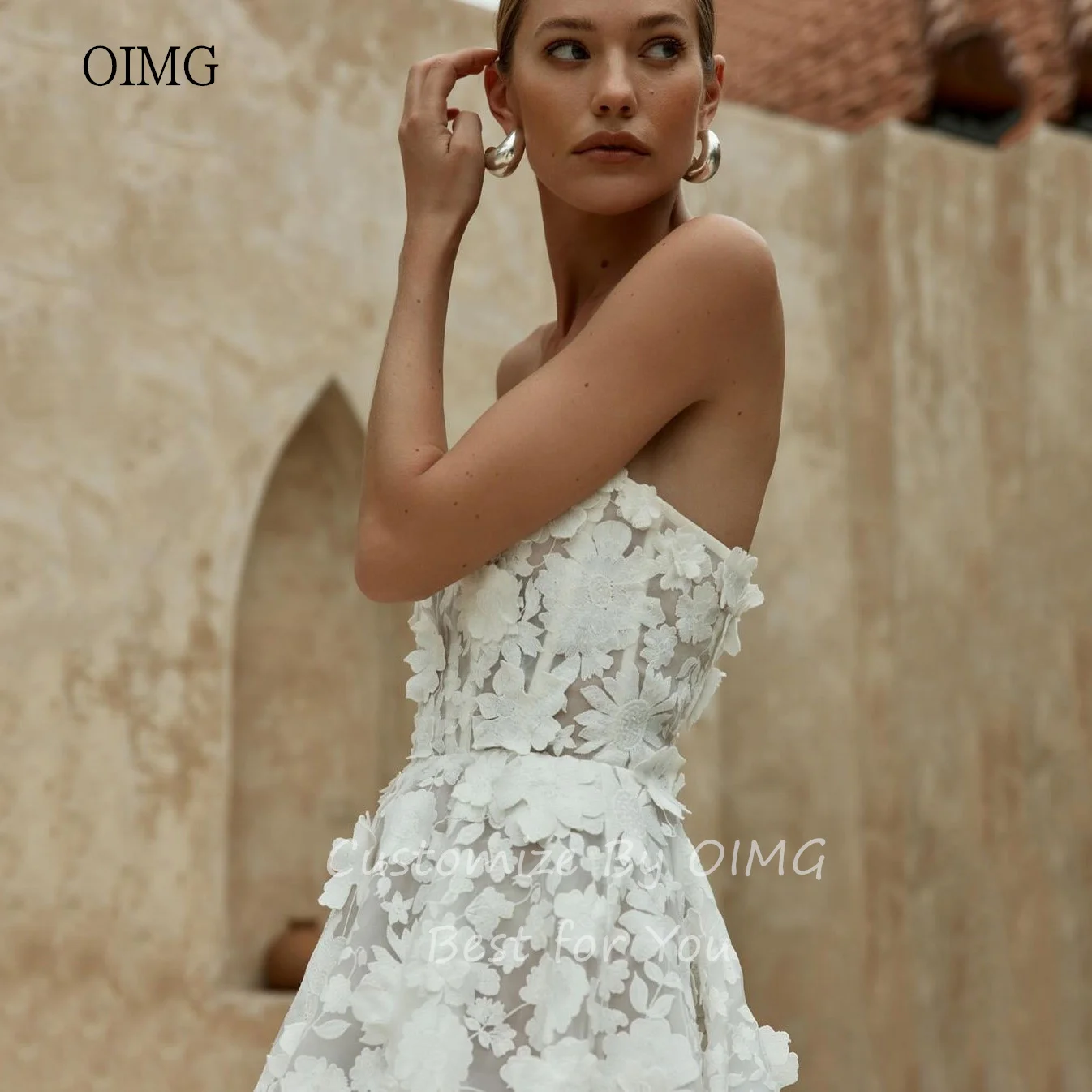 OIMG Luxury Avorio A Line Abito da sposa senza spalline Abiti da sposa in pizzo Lunghezza pavimento Abiti da sposa abiti para mujer Personalizzato