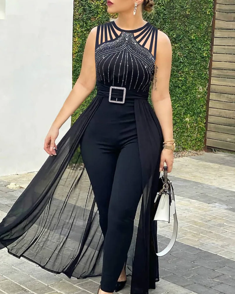 2024 Summer Women\'s Sexy Round Neck Rhinestone Sheer Mesh Sleeveless Jumpsuit with Belt New Fashion Rompers Womens Jumpsuit