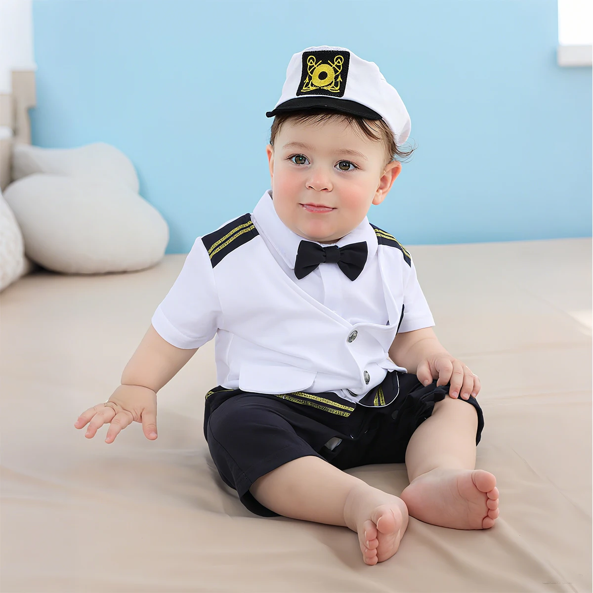 Baby Boys Captain Romper Costume Infant Outfits Set Toddler Carnival Sailor Clothes Newborn Clothing with Hats Shoes