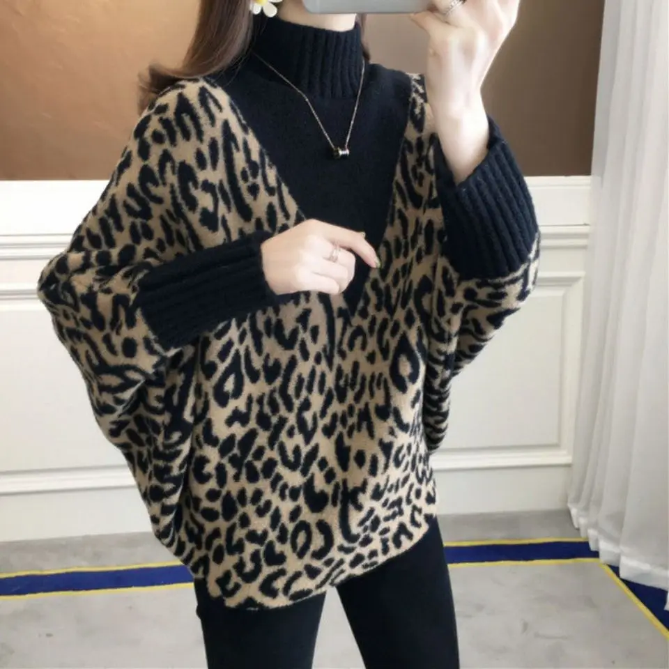 Suéter de lana para mujer, Jersey suelto de cuello alto, camisa de murciélago de punto, patrón de leopardo, Tops de moda occidental, otoño e invierno, nuevo