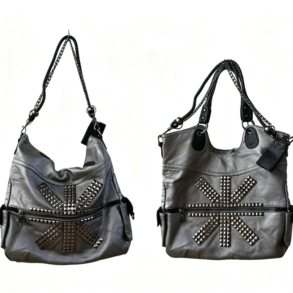 Original Retro Style Subculture Flag Rivet Decorative Tote Bag Large Capacity Leisure Chain Messenger Bag