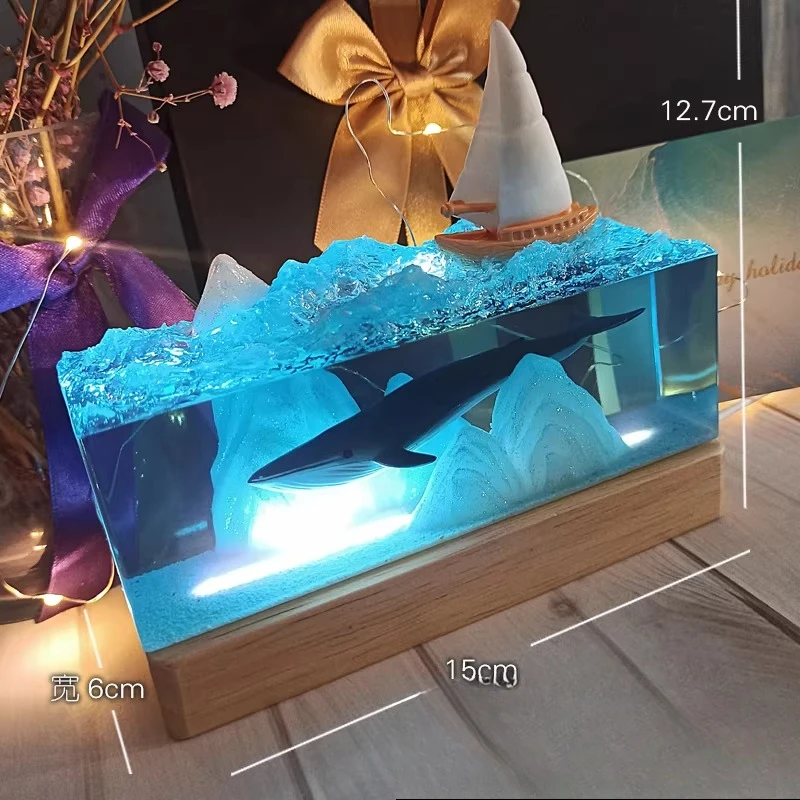 Ocean Whale USB Luminescent Resin Decorative Piece Blue Mountain Whale Family Atmosphere Decoration Table Decoration Unique Gift