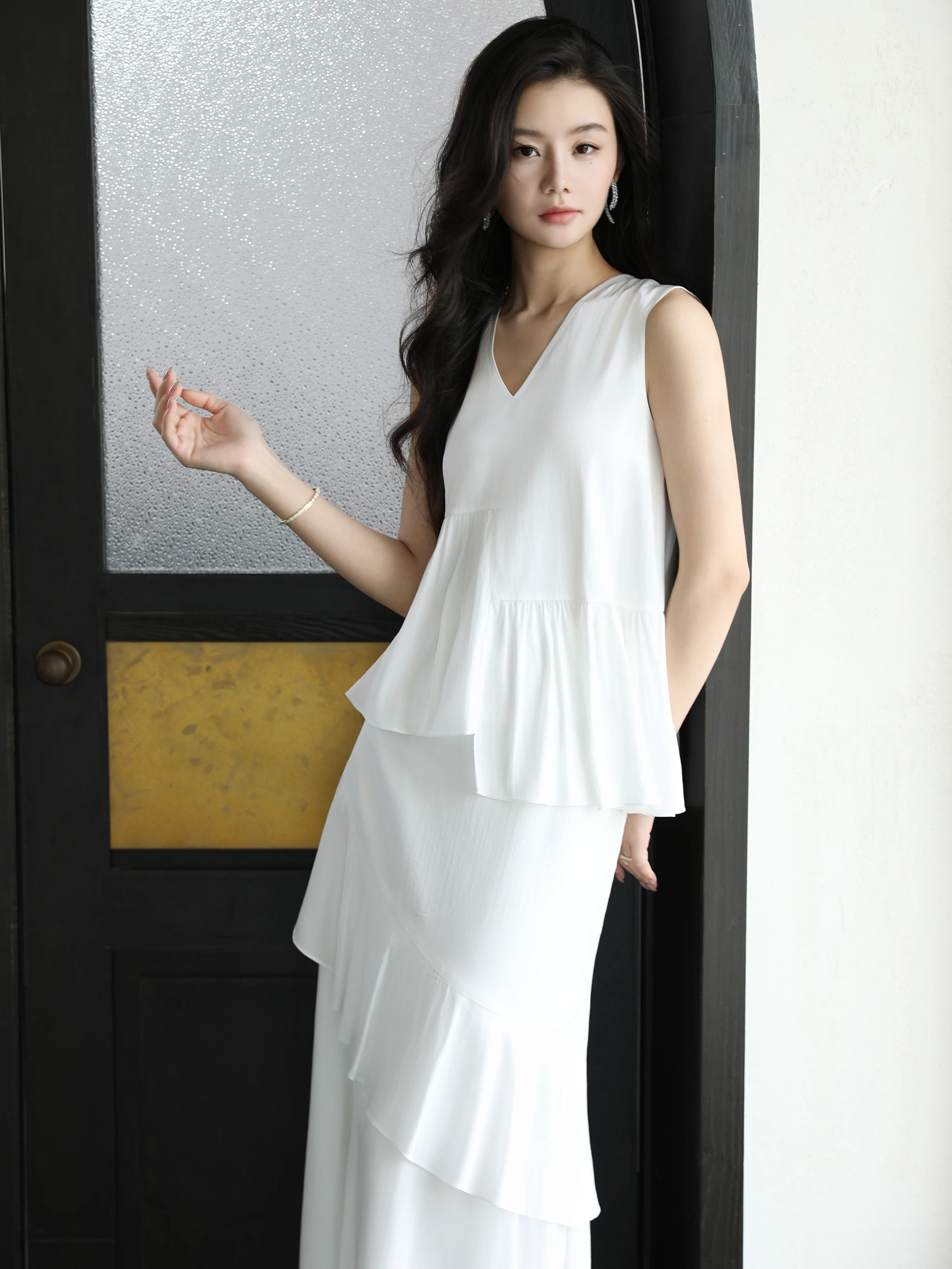 

Maxmay Summer Thin Sleeveless Beautiful Set Dress Women's Half Skirt Pure White Moonlight Whole Set Absolutely Beautiful