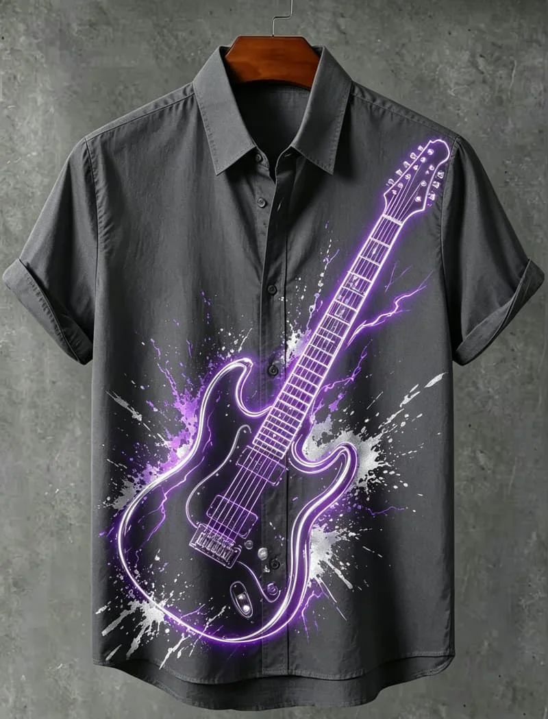 Colorful Watercolor Musical Instrument Short Sleeved Flower Shirt Niche Art Design Men's Loose Shirt Summer Street Versatile Top