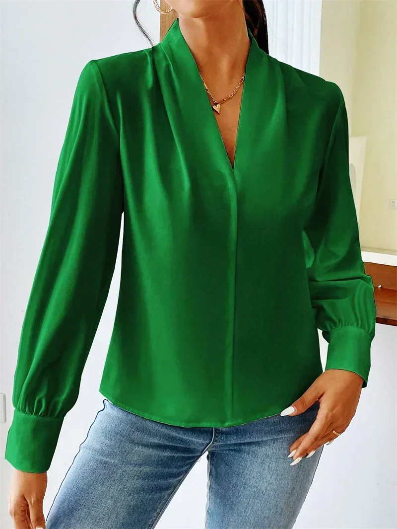 Autumn Long Sleeve V Neck Pullover Shirt Women Elegant British Style Commuter Tops Solid Color Comfortable Casual Female Blouse