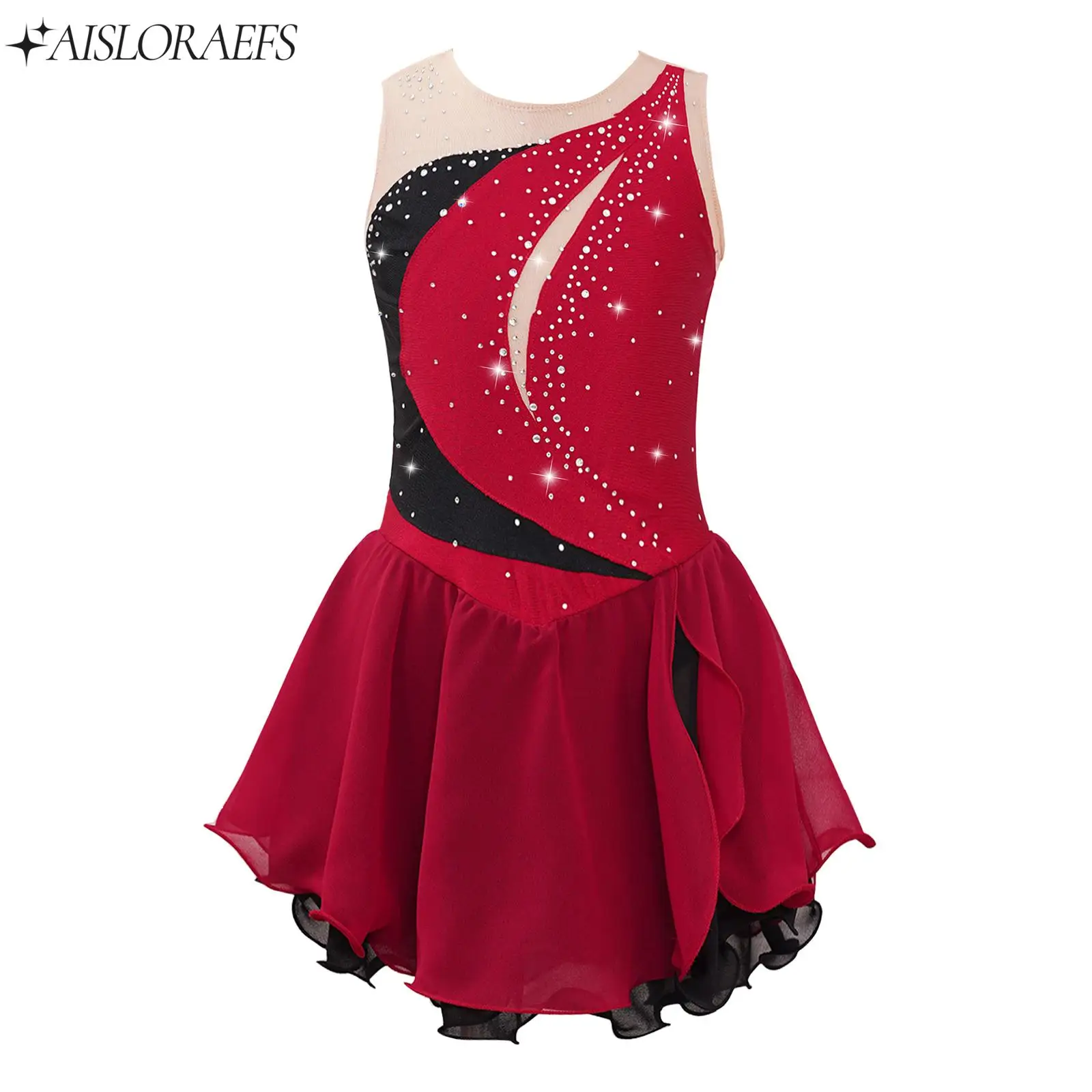 

Children Girls Ruffle Chiffon Figure Ice Skating Dance Dress Ballet Gymnastics Leotard Dress Sleeveless Shiny Rhinestone Dresses