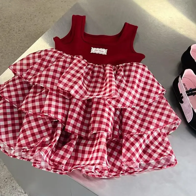 

Girl's Retro Plaid Splicing Dress Summer 2025 New Style Little Girl Cake Dress Children's Princess Sweet Vest Skirt