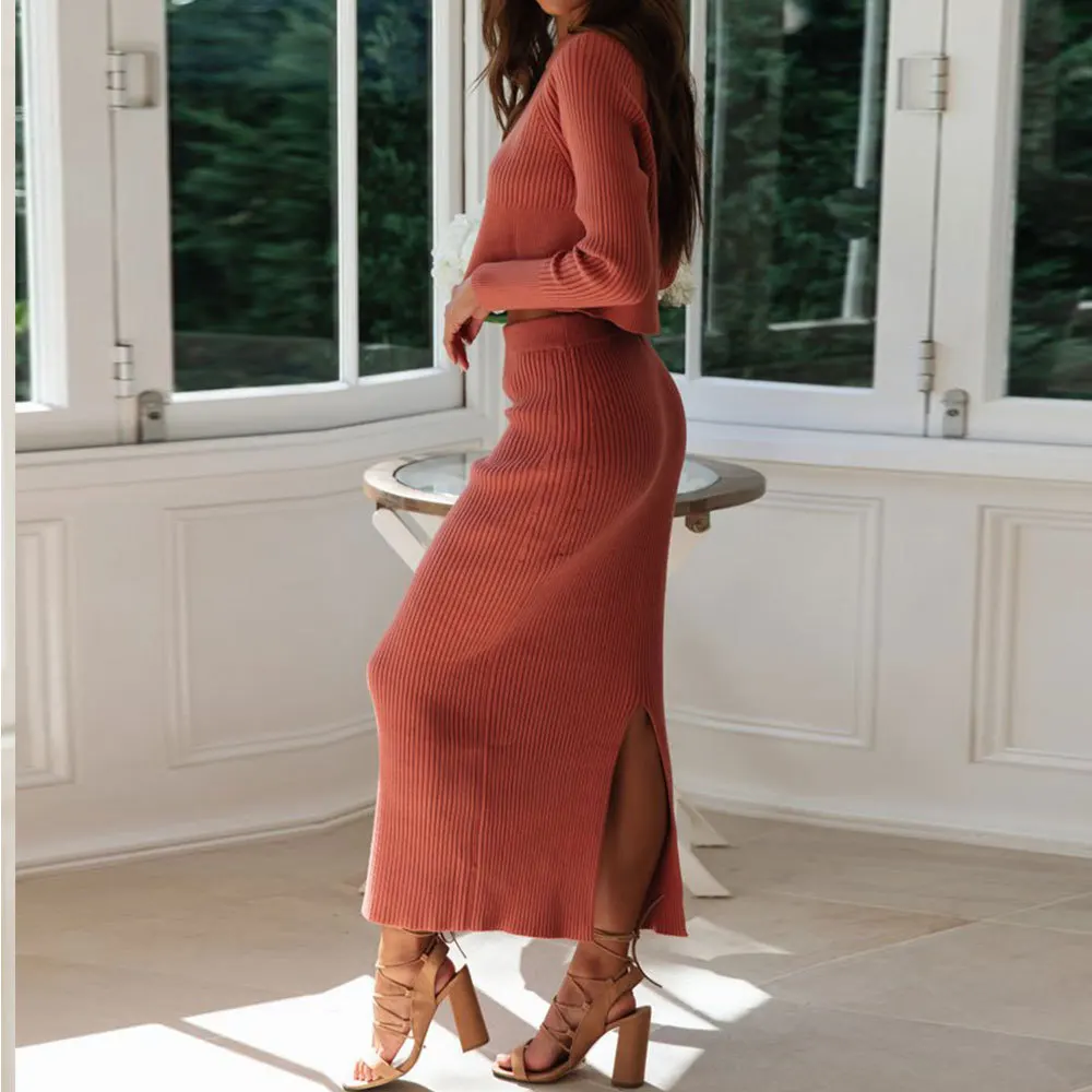 Women Two Piece Skirt Sets Solid Full Sleeve Round Neck Tops Long Skirts Split A Line Elegant Casual Flods Suits Autumn