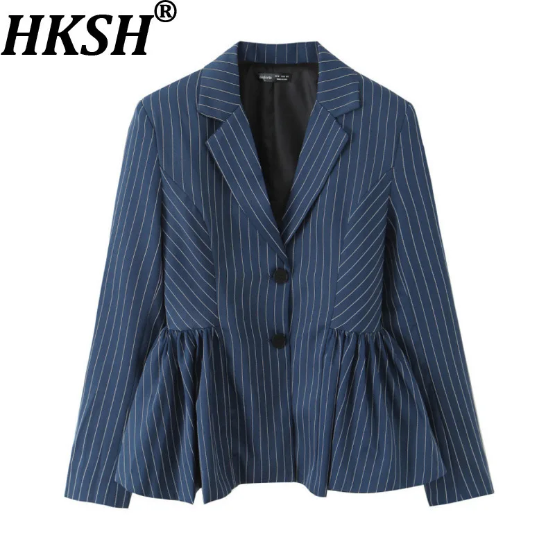 

HKSH весенне-осенний новый женский пиджак с зубчатым воротником, однобортный плиссированный подол, полосатая куртка, модные элегантные шикарные пальто HK12947