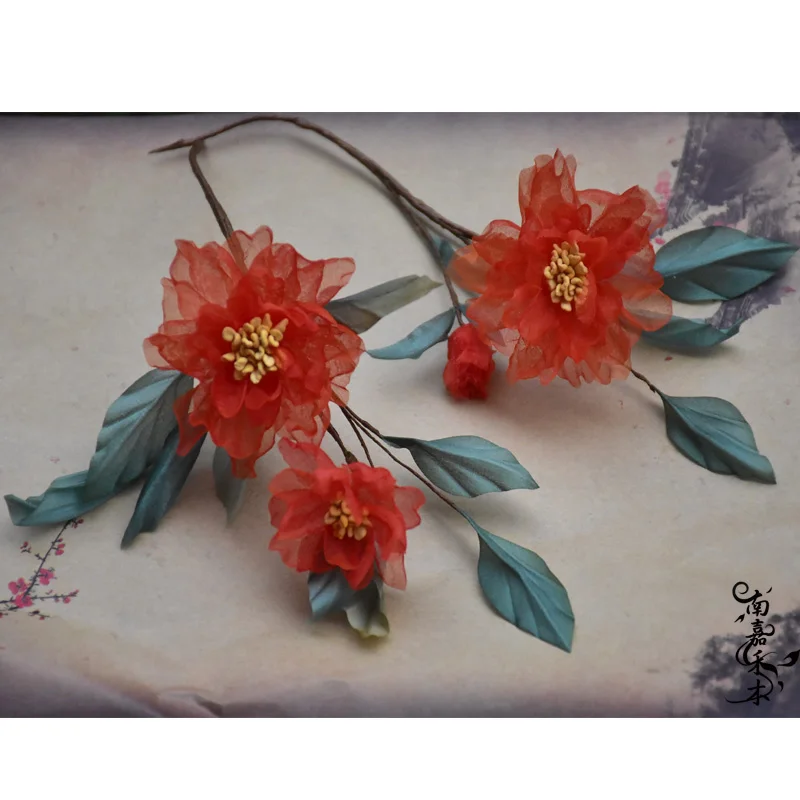 Hair Accessories Silk Fabric Hot Printed Pattern Orange Red Plant Flower Pomegranate Branch Shape Fashion Exquisite Decorations