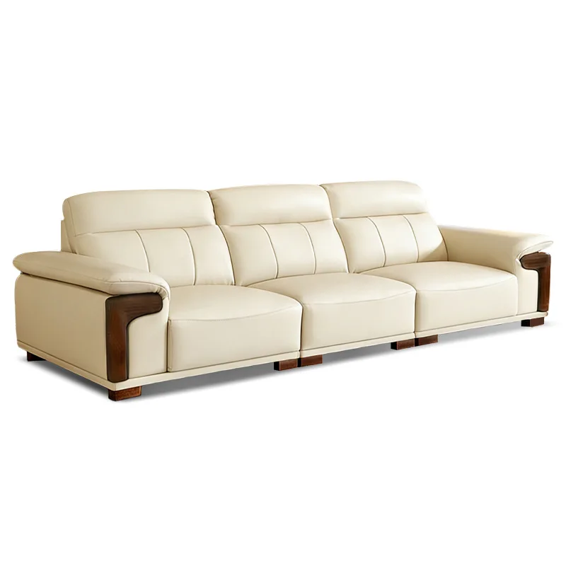 sofa solid wood, leather sofa, straight row high backrest cowhide sofa
