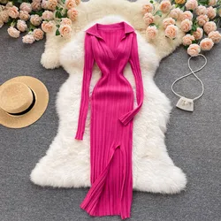 YuooMuoo Autumn Winter Knit Rib Wrap Midi Pencil Dress for Women Streetwear Korean Long Sleeve Bodycon Split Sweater Party Dress