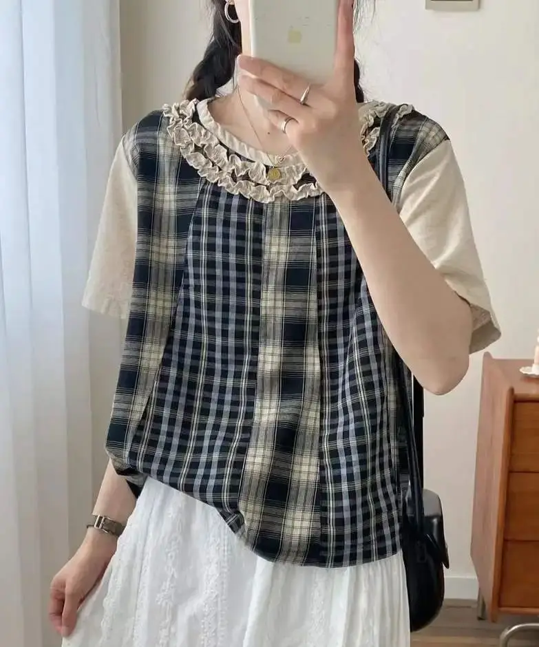

2025 Women's sumer clothes 100% cotton short sleeve check shirts women's plaid blouse mori girl japanese style clothes