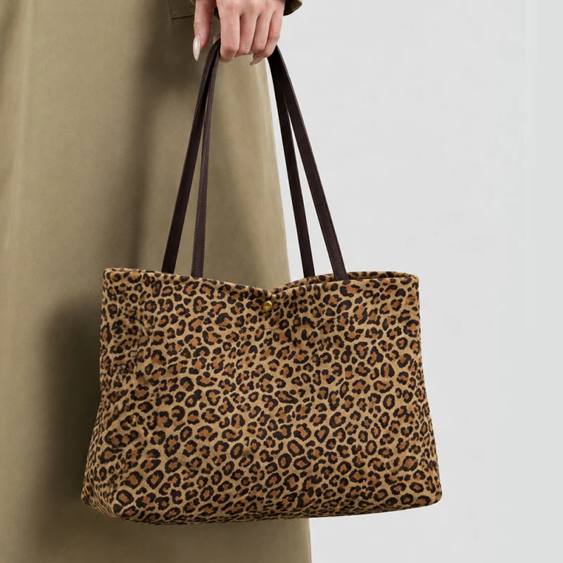 Leopard Print Large Capacity Genuine Suede Cowhide Women Tote Shoulder Bag Real Leather Strap Long Handle Handbag Shopper Purse