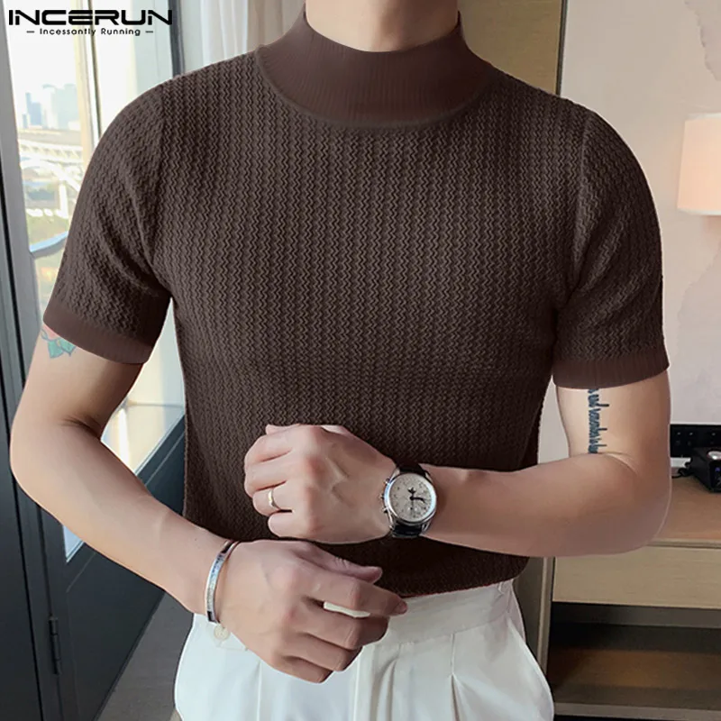 Casual Simple Style Tops INCERUN Men Knitting Pit Strip Camiseta Stylish Solid Half High Collar Short Sleeve T-shirts S-5XL 2023