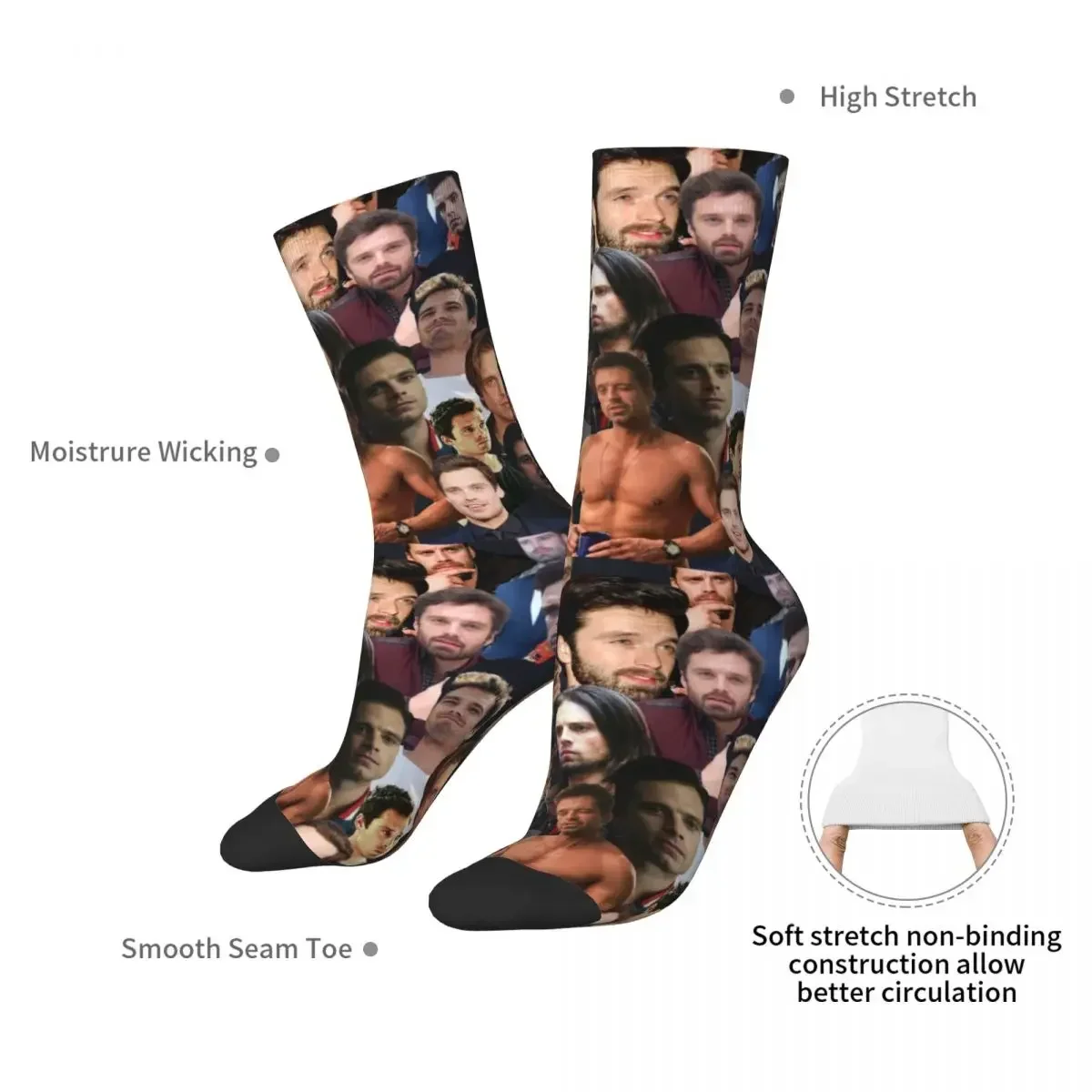 Sebastian Stan Photo Collage Socks Harajuku Sweat Absorbing Stockings All Season Long Socks Accessories for Man's Woman's Gifts