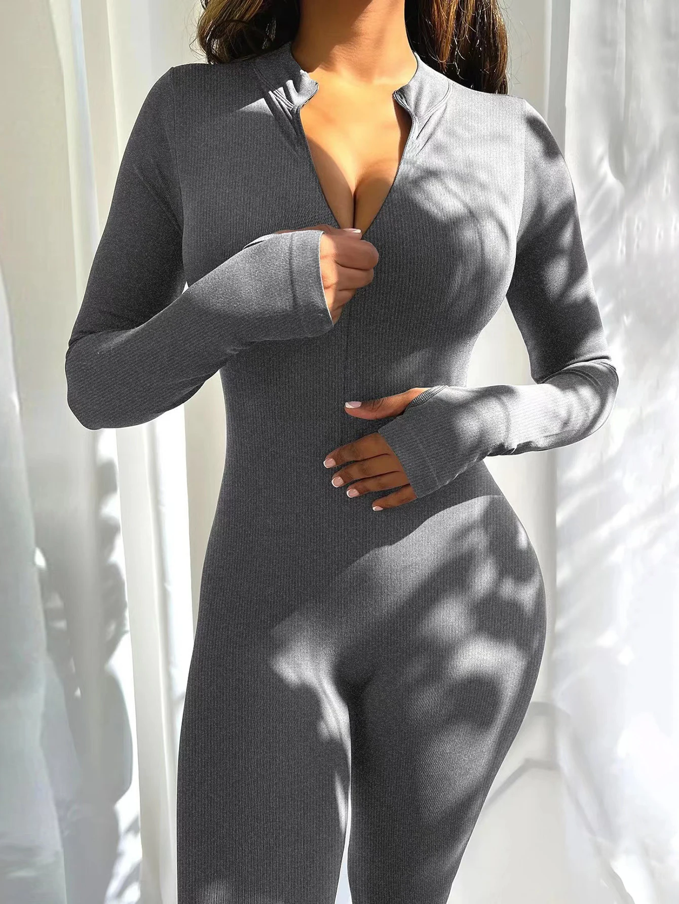 

Женские комбинезоны с длинными рукавами, спортивная молния с круглым вырезом до щиколотки, облегающий крой, однотонный повседневный базовый летний наряд