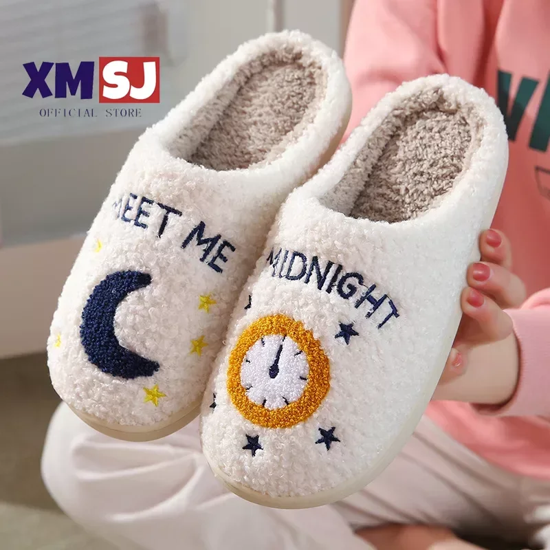 

Women Cute Warm Meet Me At Midnight Slippers Cushion Slides Soft Warm Comfort Flat Fur Woman Cartoon House Slippers Funny Shoes