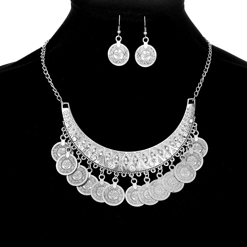 Etniczne cygańskie plemienne Boho Choker naszyjniki dla kobiet Vintage oświadczenie moneta Tassel naszyjnik z kryształu górskiego kolczyki zestawy biżuterii