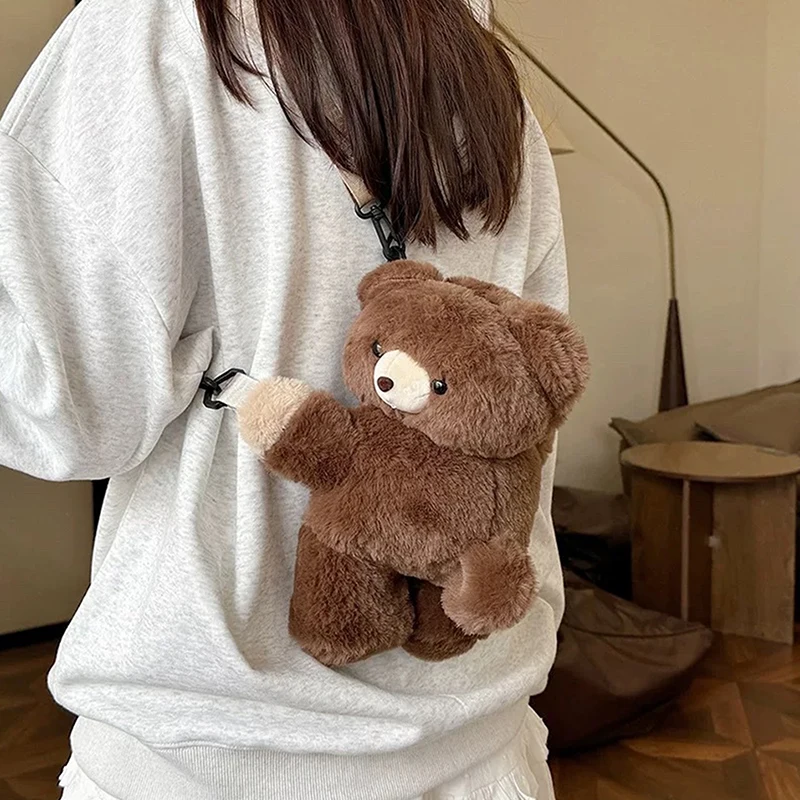 Women's Cute Small Brown Bear Shoulder Bag Personalised Cartoon Plush Doll Crossbody Kawaii Animal Backpack Gift