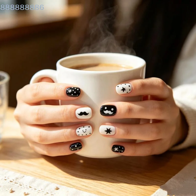 [B]Wearable Short Square False Nails 10/30Pcs Black White Contrast Colors Non-toxic for Women Girls Nail Art Decor