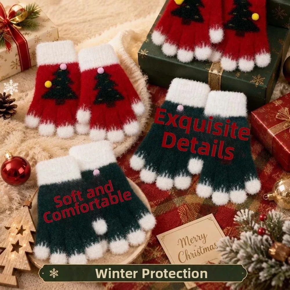 Red Green Christmas Gloves Knitted Woolen Elastic Wrist Winter Knit Mittens Thick Lining Double Colored Touchscreen Full Finger
