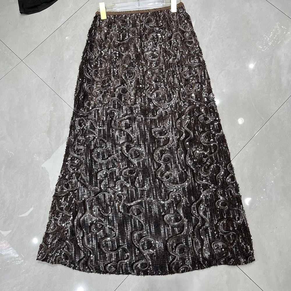 TWOTWINSTYLE Stylish Sequin Swirl Pattern Maxi Skirt for Women Elastic Waist Straight Flowy for Party Evening Club KSK561126