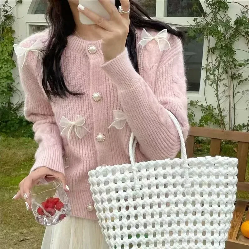 Gagarich Korean Round Neck College Sweater Women 2024 Autumn Winter New Gentle Western-style Butterfly Bow Ribbon Knit Cardigan