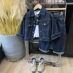 Children's Small And Medium-sized Children's Set 2024 Spring New Boys And Girls Denim Set Korean Version Solid Color 2 Pcs