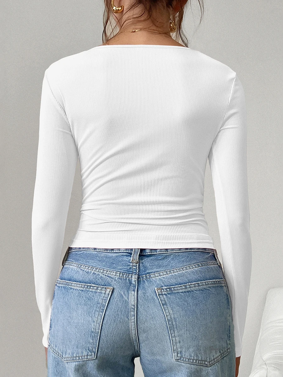 Women's Fall Ribbed Tops Retro Lace Trim Button Design Stylish Solid Slim Fit Scoop Neck Long Sleeve T-Shirts Autumn Basic Shirt