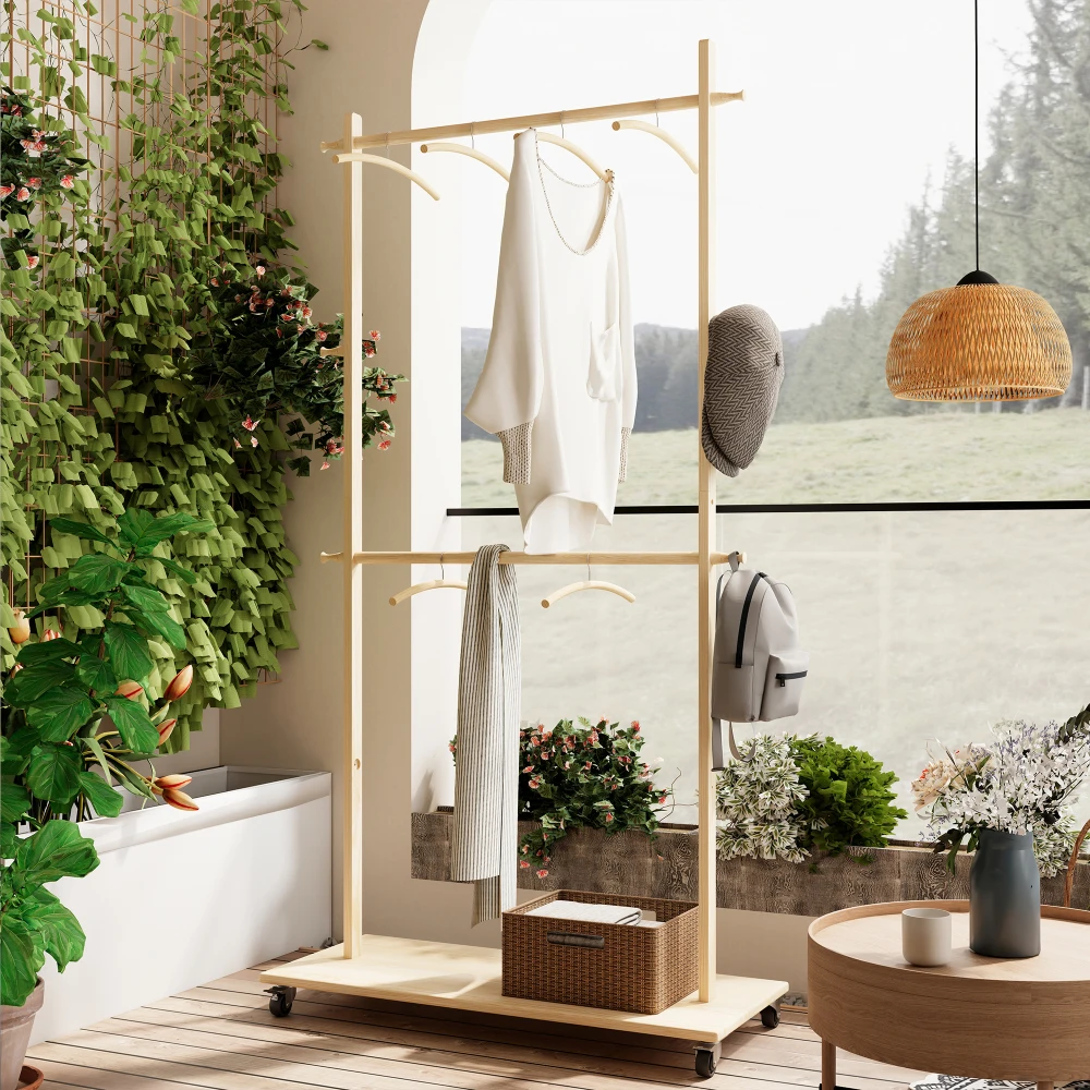 

Solid Wood Garment Clothes Drying Rack with 6 Wooden Hangers, Adjustable Shelf, and Wheels for Easy Mobility