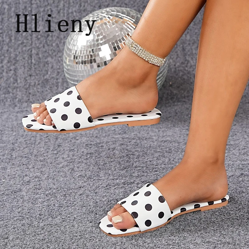 

Hlieny Summer Designer Polka Dot Slippers Women Casual Flat Heel Fashion Square Toe Beach Vacation Female Slides Shoes Sandals