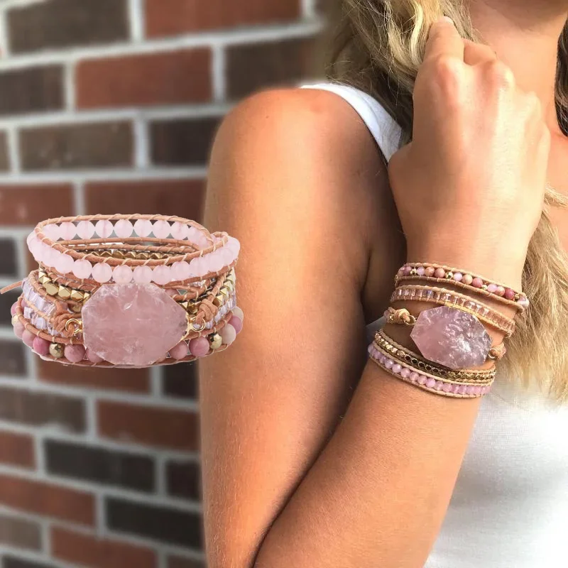 

Natural Crystal Stone Bracelet Pink Quartz Leather Wrap Bracelets for Women Rose Gems Crystal Beads Bohemia Jewelry 5 Strand