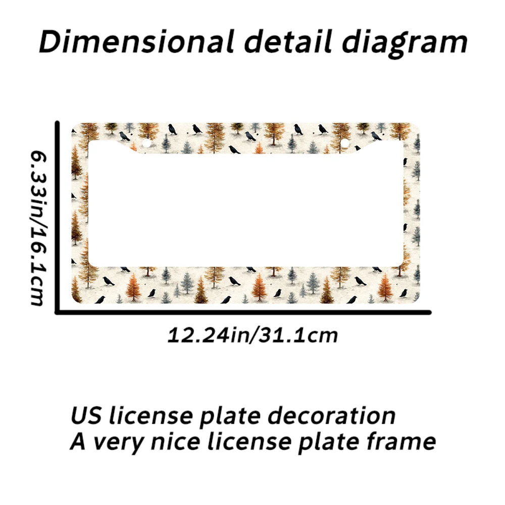 قطعة واحدة من إطار لوحة الترخيص ذو الفتحتين الرجعية مع نمط أشجار الخريف والطيور، مادة الألومنيوم، 6 × 12 بوصة، تتضمن مجموعة براغي، F #2