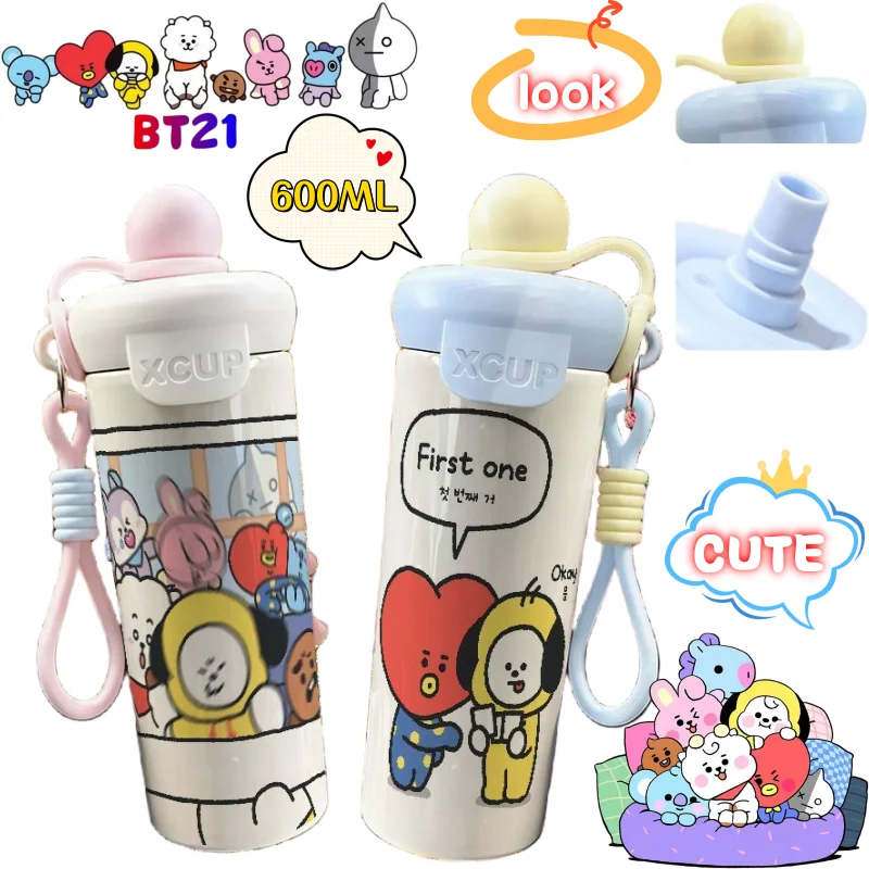 

Термос BT21 Koya Shooky Chimmy с креативным дизайном, яркой цветовой гаммой, большой емкостью, портативный, с плавающим шариком и двойной трубочкой для напитков