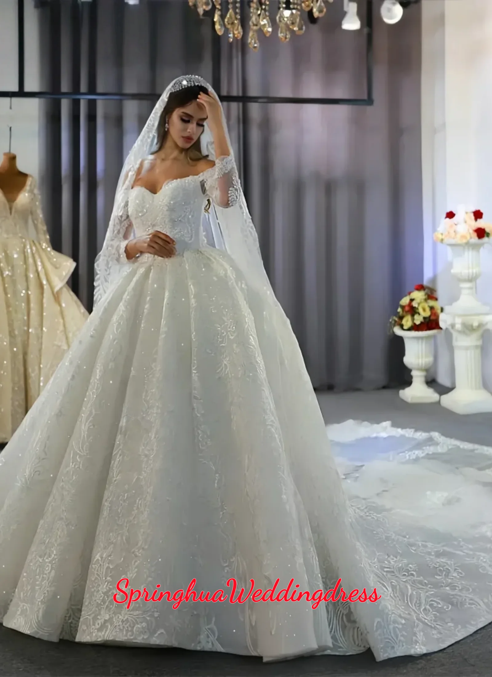 Customized Off The Shoulder Long Sleeves Wedding Dresses Beading Lace Bridal Dress Train Vestido De Novia Amanda Novias Official