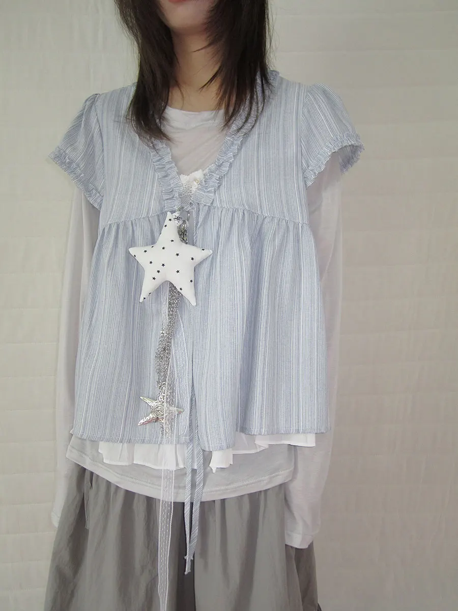 

Summer New Korean Sle Loose V-Ne ort Sve Striped Patchwork Top Women's Faion Casual T-irt Comfortable Polyester ...