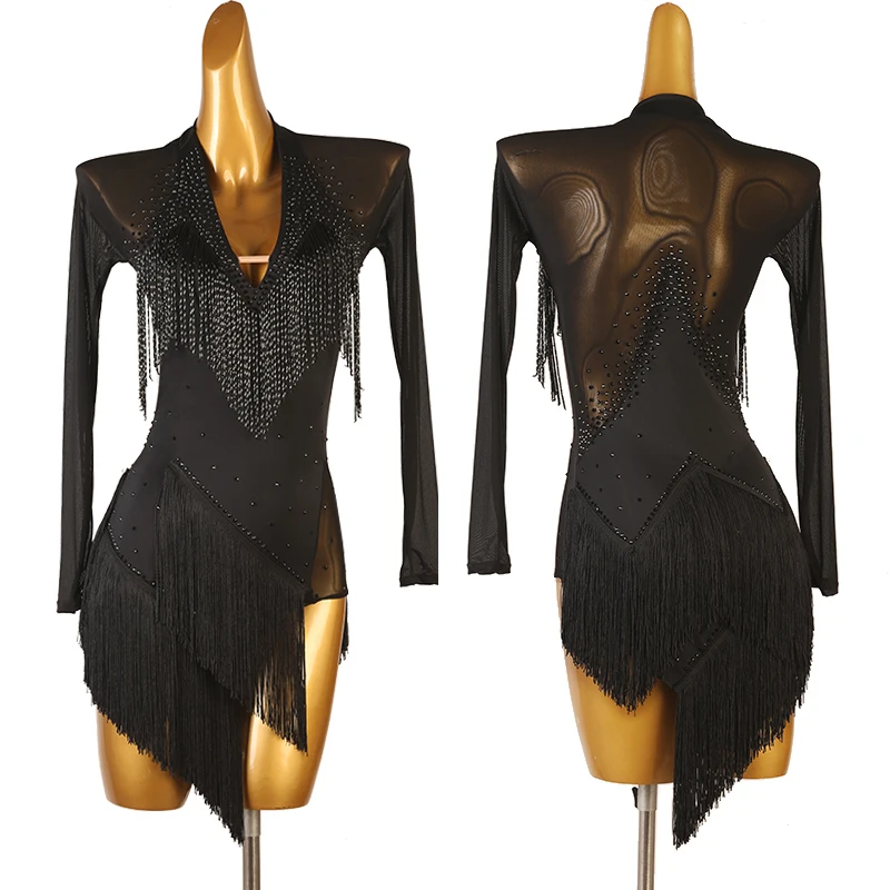 

High End Tube Bead Latin Dance Competition Dress For Women Professional Long Sleeved Mesh Fringed Dress Latin Costumes DQL8593