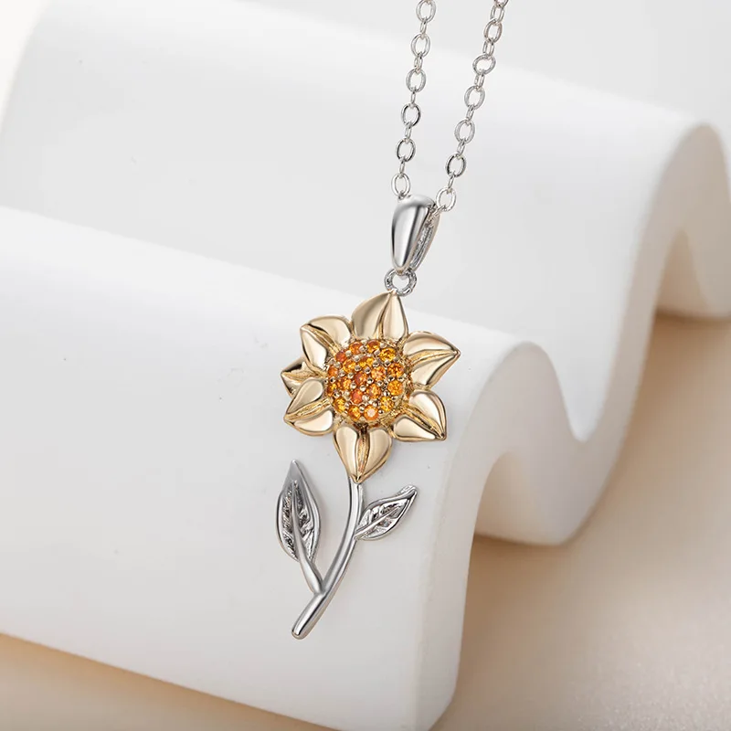 DIY accessories Amazon cross-border hot-selling sunflower flower pendant, sun flower leaf two-color necklace Qixi Festival send