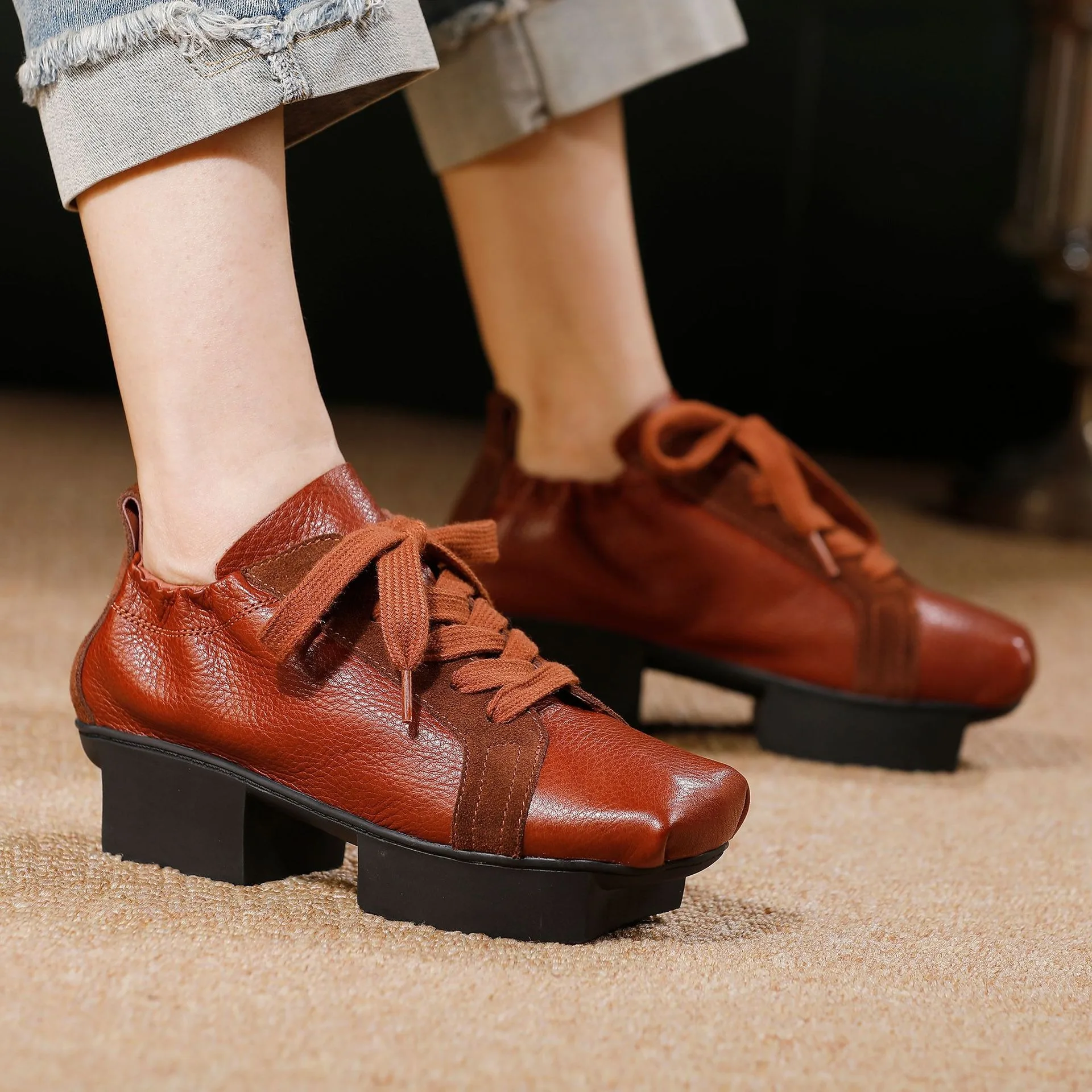 

Birkuir Женская обувь на высоком каблуке в стиле ретро, туфли на толстом каблуке 4,5 см со шнуровкой, роскошная повседневная обувь из натуральной кожи с квадратным носком, разноцветные