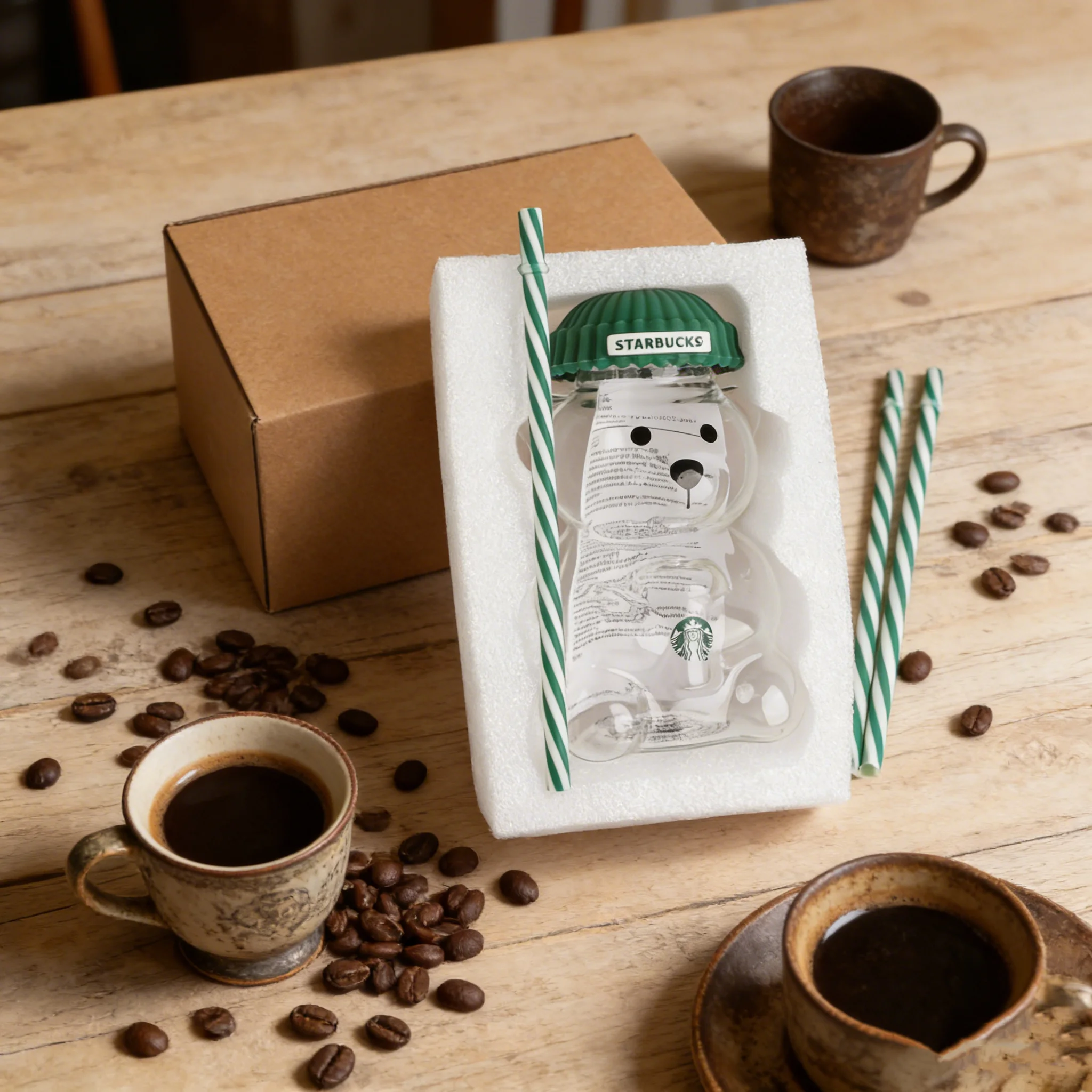 Starbucks Bearista Bear 20oz Glass Tumbler 591ml Green Lid Straw Home Café Iced Coffee