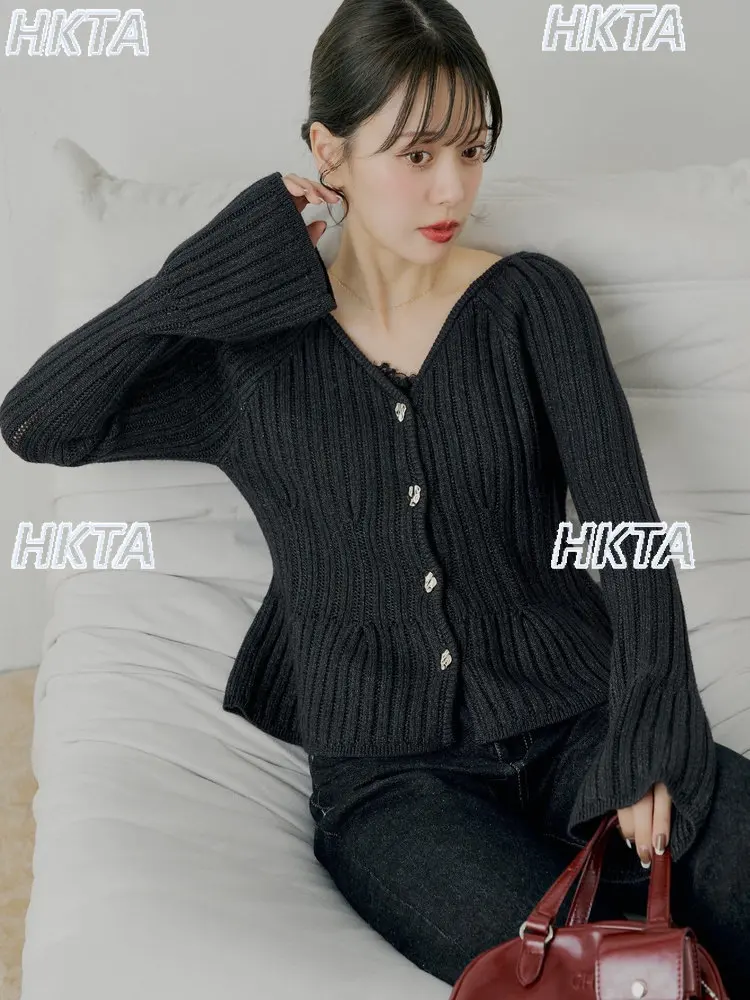 

Sweet Commuter 2026, зимний тонкий расклешенный вязаный кардиган на пуговицах с v-образным вырезом и длинными рукавами, модный элегантный черный женский свитер