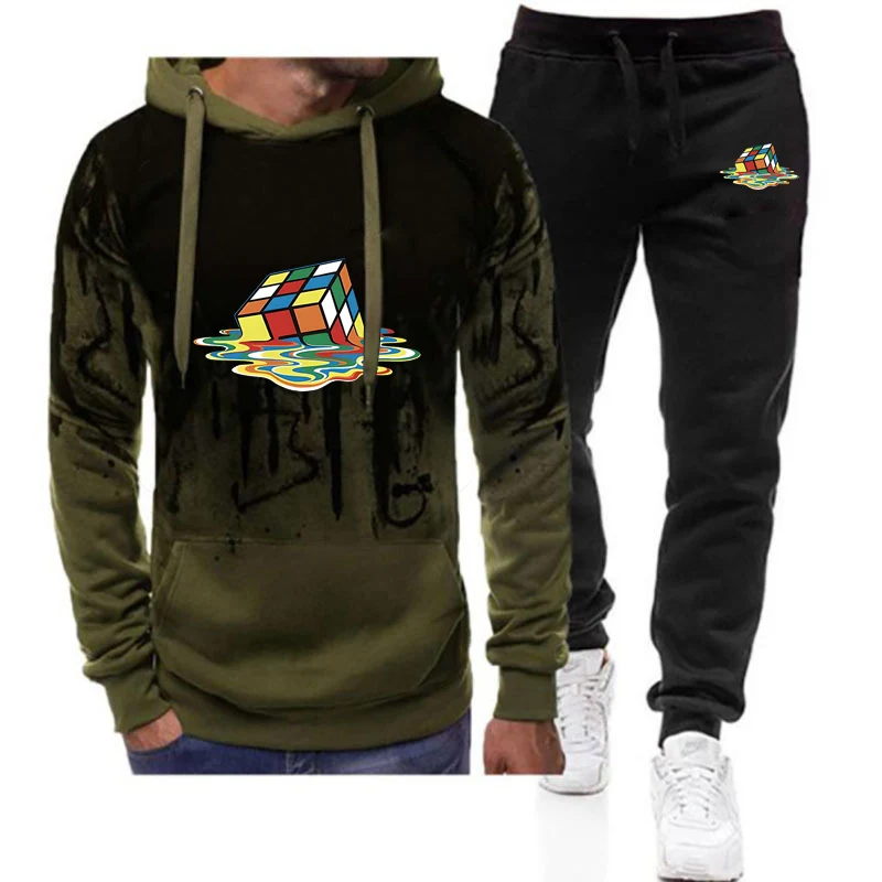 

2025 Spring And Autumn Man's Magic Square Logo Print Lightweight Classic Gradient Color Popular Hoodies Drawstring Pants Suits
