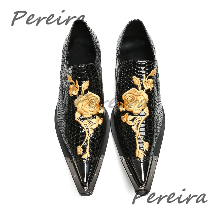 Gold Rose Embroidery Men's Dress Shoes Trendy Patent Leather Serpentine Low Heel Casual Business Shoes Banquet Party Dress Shoes
