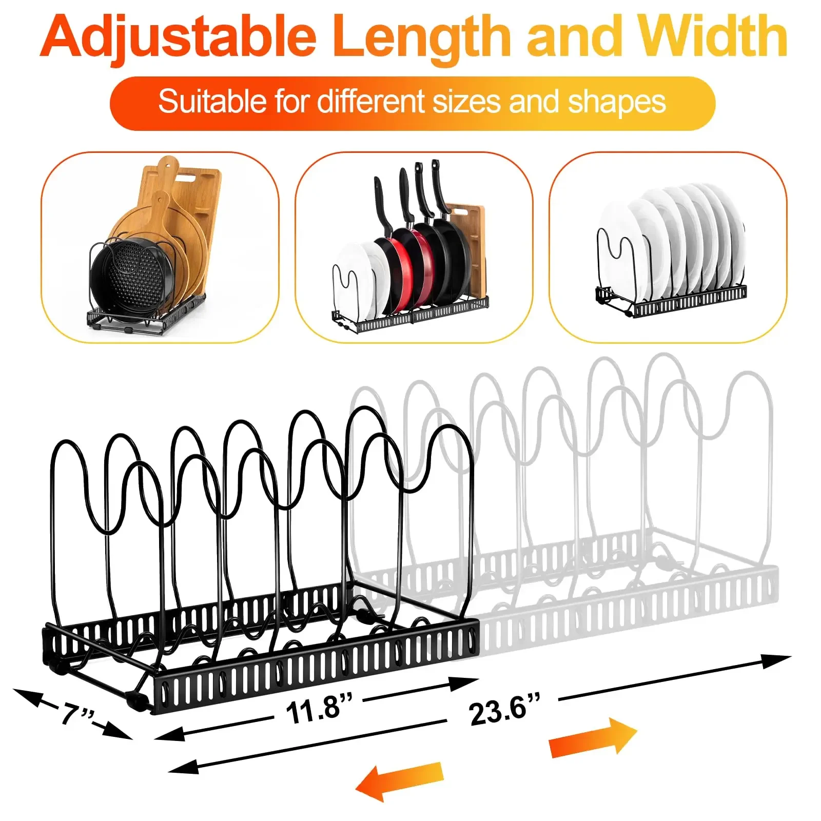 Dividers Expandable Pot Pan Organizer Rack Heavy Duty Cast Iron Adjustable DIY Under Cabinet Countertop Pot Pan Rack Storage Spa