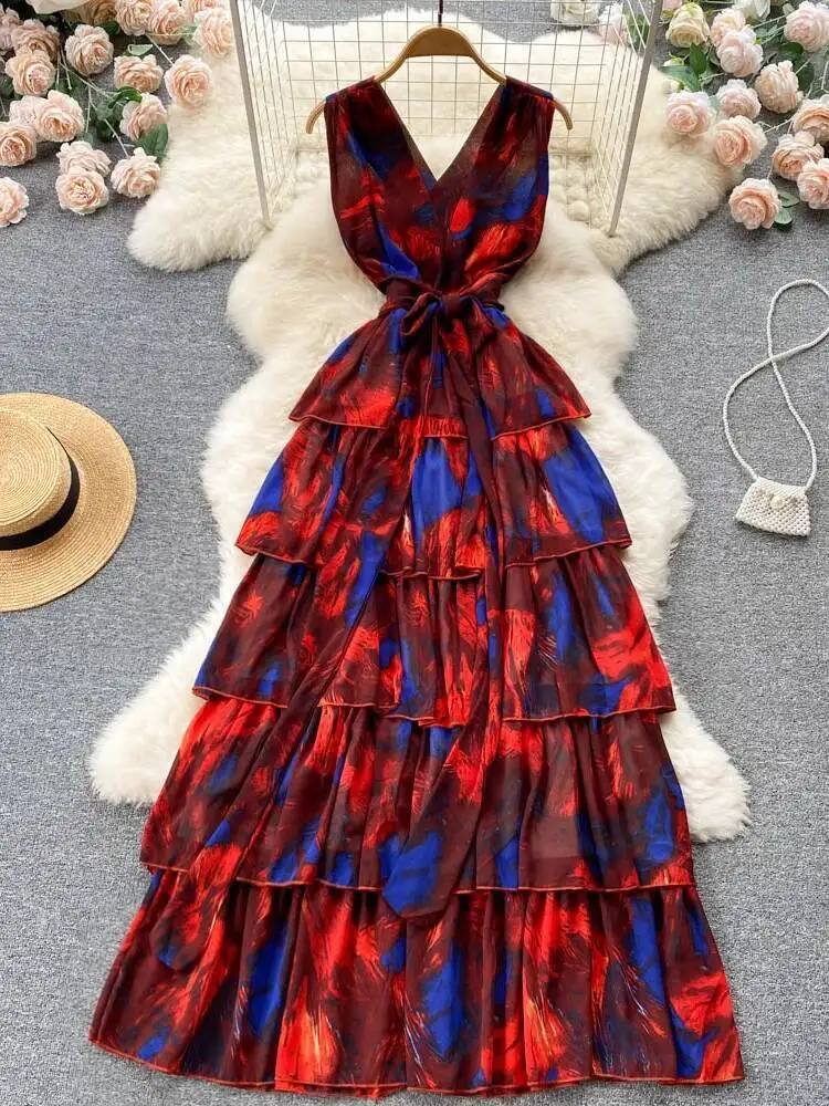 Mulheres sexy sem costas vestido de praia verão pintura a óleo impresso com decote em v chiffon vestidos longos senhoras magro a linha camada longo robe