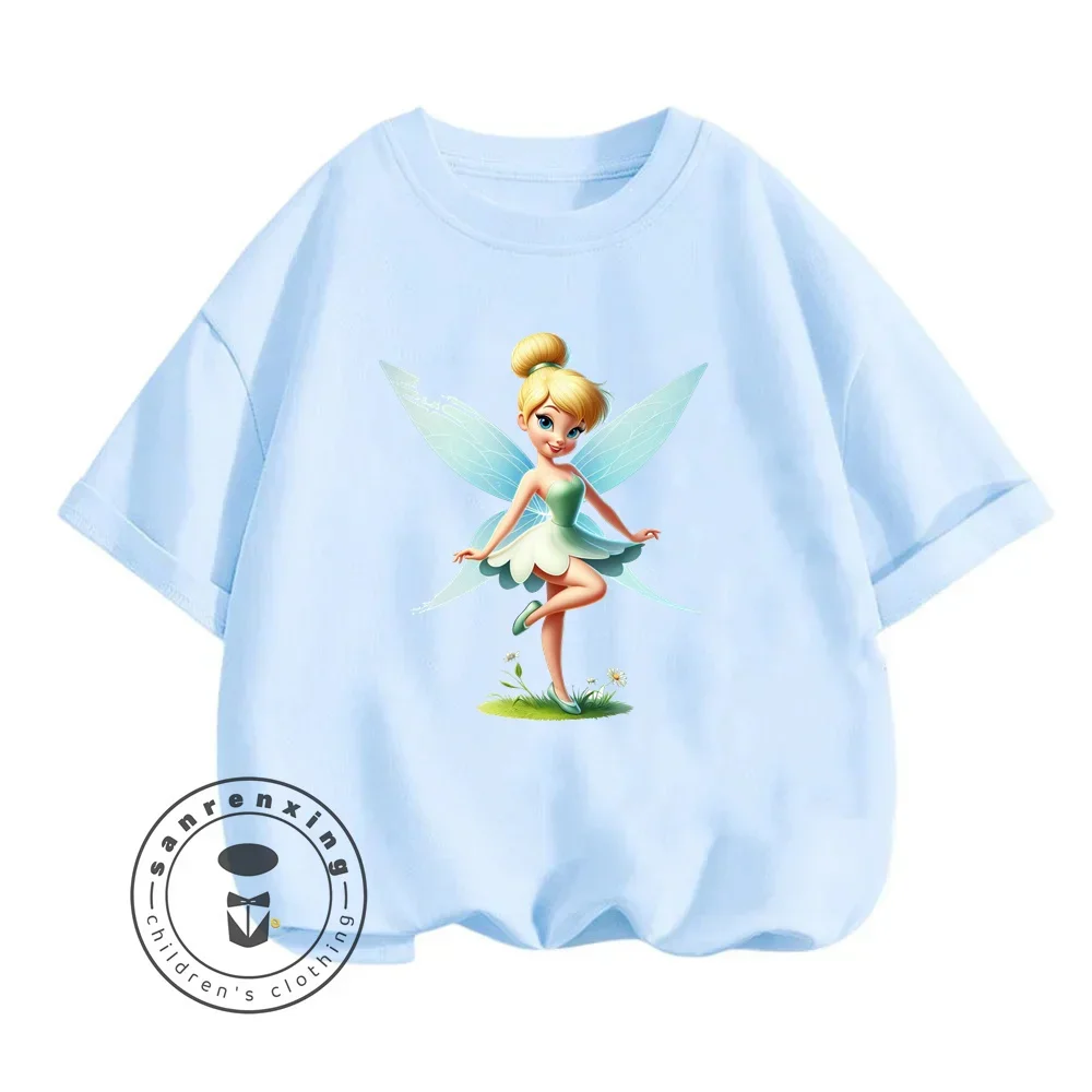 2024 Playful Tinker Bell Animated Cartoon Character Print Design O-neck Vintage Style Short-sleeved Shirt for Summer Children